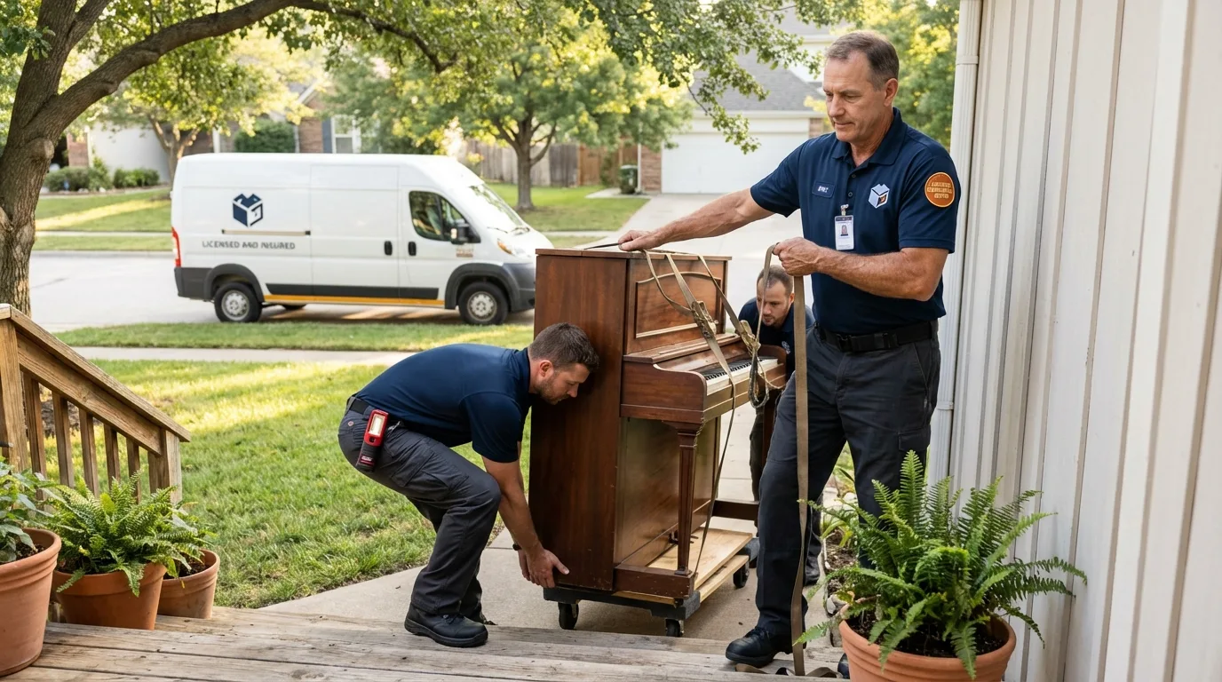 Licensed piano movers securing grand piano in Carbondale, IL
