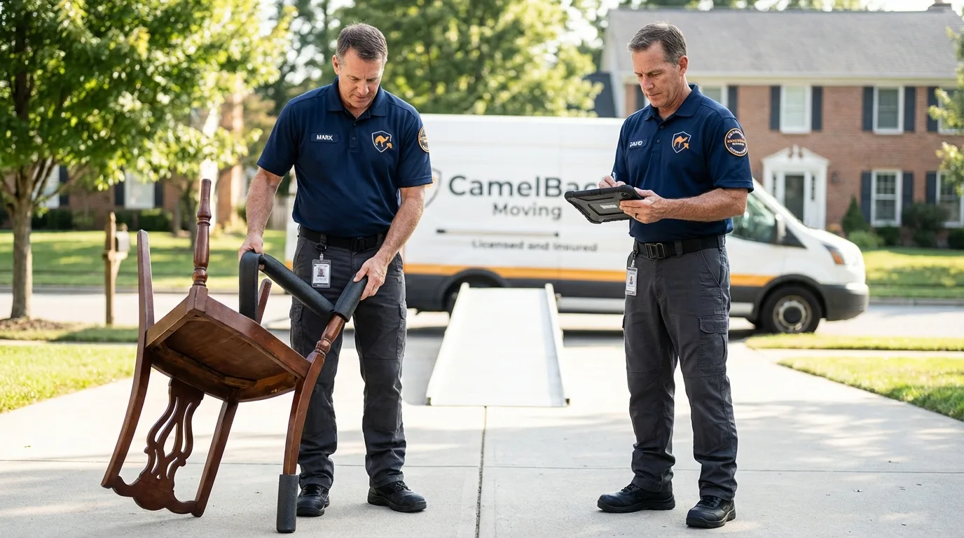 Movers inspecting furniture for damage prevention before loading in Carbondale, IL